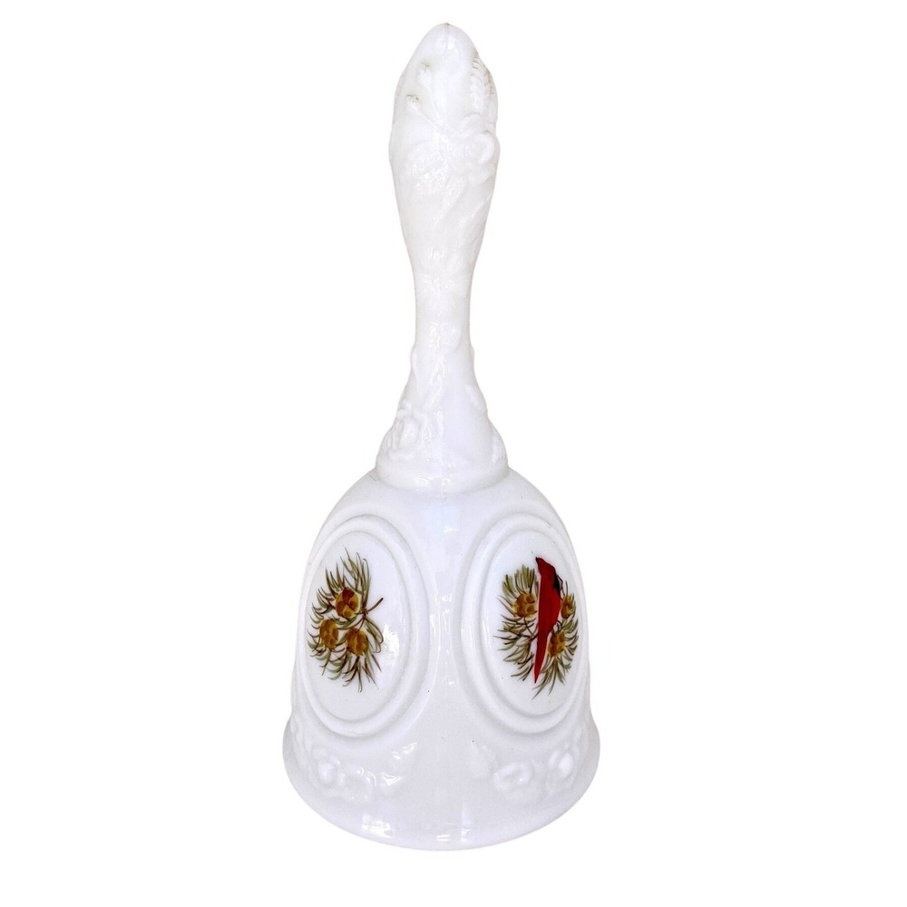 Fenton Milk Glass Hand Painted Bell Cardinal Pinecone Winter Scene 6.5"